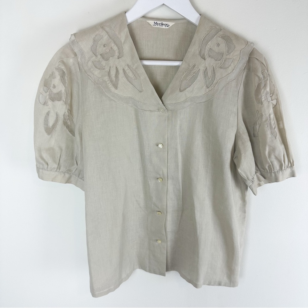 Vintage Linen Blouse with Embroidering and Scalloped Sailor Collar